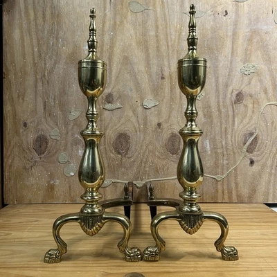 "Antigua chimenea de latón Andirons 22"" pie de garra estilo federal | Marcada 1919" Foto 1 de 4