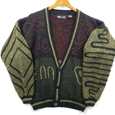 Vintage Street Scenes Cardigan Men M Geometric Grandpa Baggy Hip Hop Sweater - Image 1 of 4