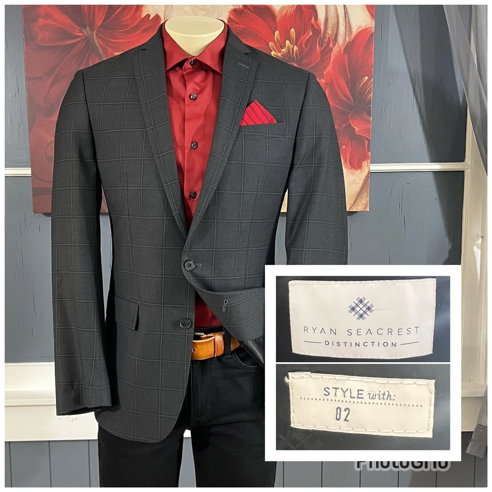 Mens Blazer Ryan Seacrest 40L Long Sport Coat Polyester Suit Jacket Plaid Suits - Image 1 of 4