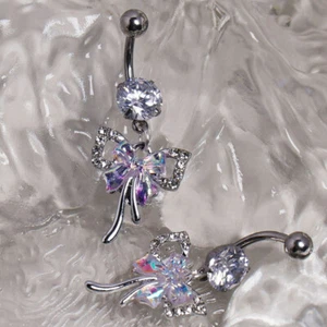 Exquisite Flash Zircon Bowknot Stainless Steel Belly Button Rings Body Jewelry - Picture 1 of 6
