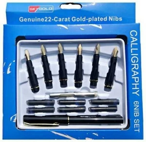 Calligraphy Fountain Pen Set 6 Nibs and 1 Pen 22 Carat Gold Plated Free Shipping - Foto 1 di 3