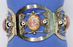 Sterling Silver .925 Taxco Mexico TNC Wide Panel Link Bracelet Foiled Glass Opal - Picture 1 of 16