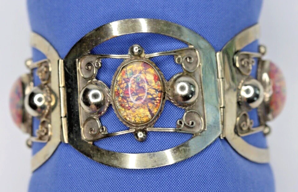 Sterling Silver .925 Taxco Mexico TNC Wide Panel Link Bracelet Foiled Glass Opal - Image 1 of 4