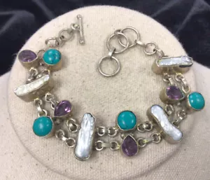 Artisan Silver Plated Chunky & Wide Gemstone MOP Toggle Bracelet 8" V929 - Picture 1 of 4