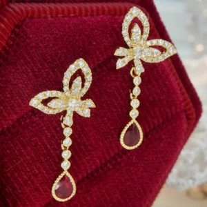 Sweety Butterfly Lab Created Ruby Natural Diamond Women Dangle Earrings 14K Gold - Picture 1 of 9