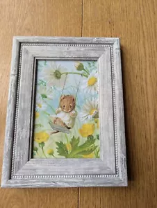 Mouse on daisy swing woodland animals. Framed Shabby chic art print/picture. New - Picture 1 of 2