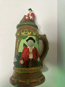 VINTAGE GROSSER HANDGEFERTIGTER HANDBEMALTER BIERKRUG JAGD DEUTSCH 1974 MIT DECKEL - Bild 1 von 4