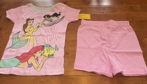 Disney Princess Girl Ariel Jasmine Belle Pink Shirt & Shorts Pajamas New Size 6 - Picture 1 of 4