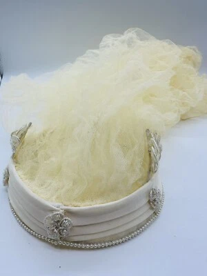 Vintage Braut Hochzeit Kopfschmuck Schleier Spitze Tüll Stirnband Elfenbein Perlen - Bild 1 von 4