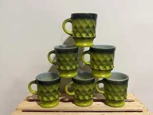 Vintage Anchor Hocking Fire King Kimberly Diamond Milk Glass Mugs Green Set of 6 - Picture 1 of 9