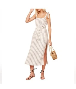 ***REFORMATION*** Linen Cream Striped Square Neck Elliot Dress in Vista XL - Picture 1 of 14