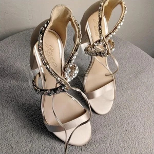 Jewel Badgley Mischka Shoes Womens Size 10 Block Heel Rhinestone Sandals Satin - Picture 1 of 11