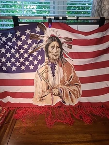Large USA Flag American Flag Indian Native American With Fringe Banner - Picture 1 of 12