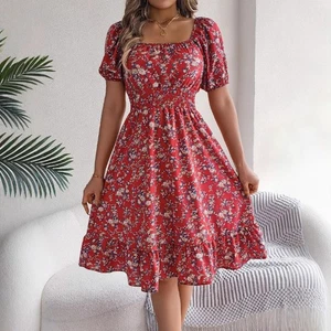 Lady Square Neck Dress Puff Short Sleeve Floral Ruffle A-line Off-shoulder Sweet - Picture 1 of 24