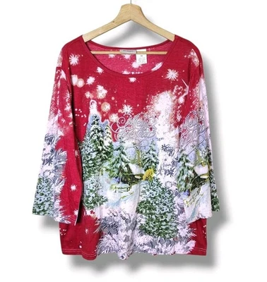 Top CW Classics Navidad Talla 1X Rojo Escena Nevada Lentejuelas Algodón Manga 3/4 Nuevo con Etiquetas Foto 1 de 4