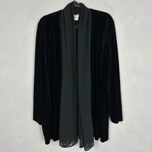 Chicos Travelers size 3 16/18 long cardigan black velvet chiffon open front - Picture 1 of 11