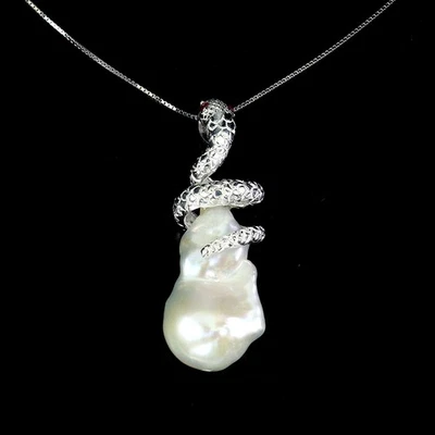 925 Sterling Silver Necklace Round Ruby Pearl Natural Gemstone Cobra Jewelry 18 - Image 1 of 4
