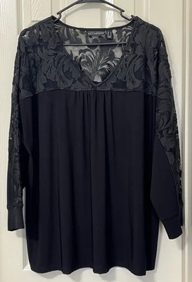 ¡NUEVO SIN ETIQUETAS! Top manga raglán tejido líquido/encaje negro Susan Graver Occasions, talla GRANDE Foto 1 de 4