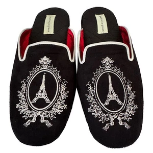 PATRICIA GREEN Suede Slippers Mules Eiffel Tower Paris Embroidered Black Size 7 - Picture 1 of 11