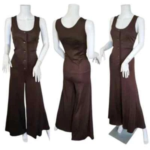 Cirette 1970s Brown Wide Leg One- Piece Poly Knit Jumpsuit I Sz Med - Picture 1 of 8