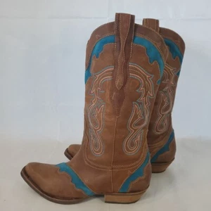 STIVALI WESTERN IN PELLE DEGO DI LUCCA MEDINA RICAMATI TAGLIA 10M marrone chiaro & turchese - Foto 1 di 9
