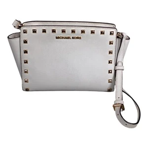 Michael Kors Selma Studded Black Shoulder Crossbody White Leather Gold Small - Picture 1 of 15