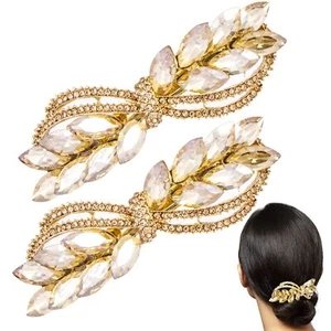 2PCS Gold Rhinestone Hair Barrettes Sparkly Hair Clips Large Bridal Barrettes... - Picture 1 of 7