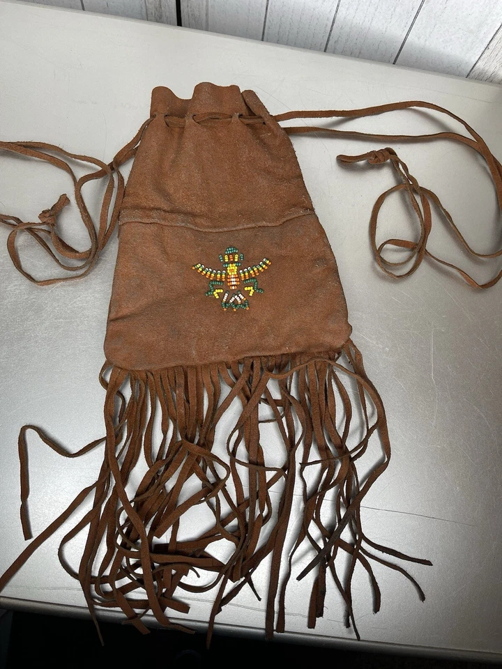 Vintage Native Genuine Leather Beaded Crossbody Drawstring Bag w/Fringe BOHO - Image 1 of 4
