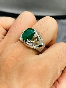 Natural 4 Carat Rich Green Emerald Sterling Silver 925 Handmade Men Ring Zamurd - Picture 1 of 4