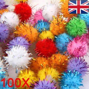 UK_100x Colorful Sparkly Glitter Tinsel Pompom Balls Small Pom Ball Pet Cat Toys - Picture 1 of 12