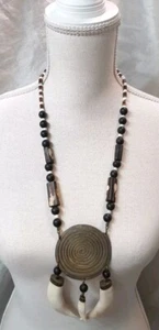 VTG Beaded Tribal Native Large Statement Necklace Spiral Brass Pendant Tusks 27" - Picture 1 of 11