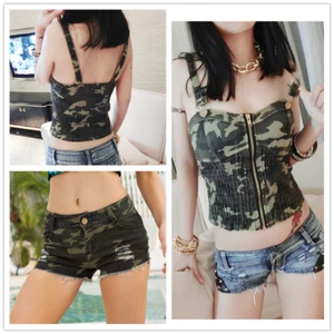 Para mujeres Sexy Camuflaje Denim Cabestrillo Prendas para el torso sin mangas Pantalones cortos Prendas para club nocturno Ropa Set - Imagen 1 de 15