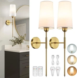 Battery Operated Rechargeable Gold Wall Sconce Light Set of Two LED 3 Color Temp - Picture 1 of 8