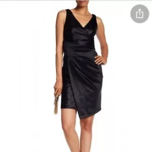 Vera Wang Sleeveless Little Black Dress Cocktail Wrap Stretch Satin V-Neck Ruch - Picture 1 of 9