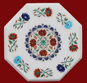 Gemstones Inlay Table Top | Marble Coffee Table Top | 15 Inches Marble End Table - Picture 1 of 4