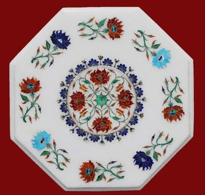 Gemstones Inlay Table Top | Marble Coffee Table Top | 15 Inches Marble End Table - Image 1 of 4