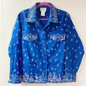 The Quacker Factory Denim Jacket Womens SZ Medium Blue White Bandana Beaded NEW - Picture 1 of 9