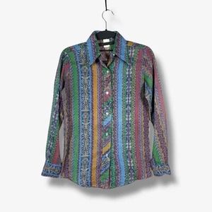 Vintage 70s Button Up Blouse Womens 7/9 Striped Sheer Lightweight Retro Hippie - Picture 1 of 6