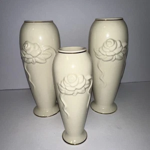 Set Of 3 Lenox Rose Embossed 24k Gold Trim Vases - Picture 1 of 11