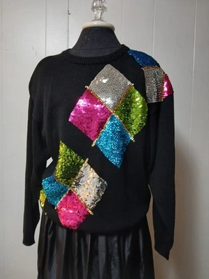 Suéter Vintage Victoria Harbour Negro Lentejuelas Multicolor Tejido Top Para Mujer M Foto 1 de 4