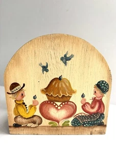 Vtg Tole Painted Wood Napkin Holder Plum Blueberry Pie Folk Art Blue Bird Signed - Picture 1 of 14