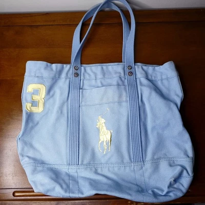 vintage POLO RALPH LAUREN Canvas Tote Shoulder bag sky blue 17.5x19 boat - Image 1 of 4