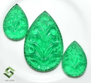 Emerald Color Nano Handmade Carving 3 Pcs Set 29x19 mm & 17x12 mm Loose Gems - Picture 1 of 6