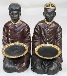 RARE Vintage 2Pc Asian Chinese Cast Metal Kneeling Monk Couple w/Offering Plates - Picture 1 of 3