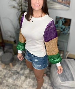 Mardi Gras Sequined Color Block Balloon Sleeves Purple Green Gold Ivory - Picture 1 of 10