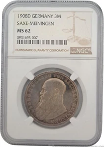 NGC MS 62 1908-D Germany Saxe-Meiningen Georg II 3 Mark Silver Coin - Picture 1 of 3
