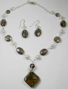 Juego de collar y pendientes con perlas y cristales de cuarzo ahumado de plata de ley - Imagen 1 de 1