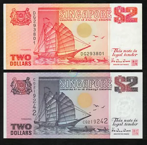 SINGAPORE 2 Dollars Set 2 PCS 1990 1992 P-27 28 Ship Series UNC Uncirculated - Picture 1 of 4