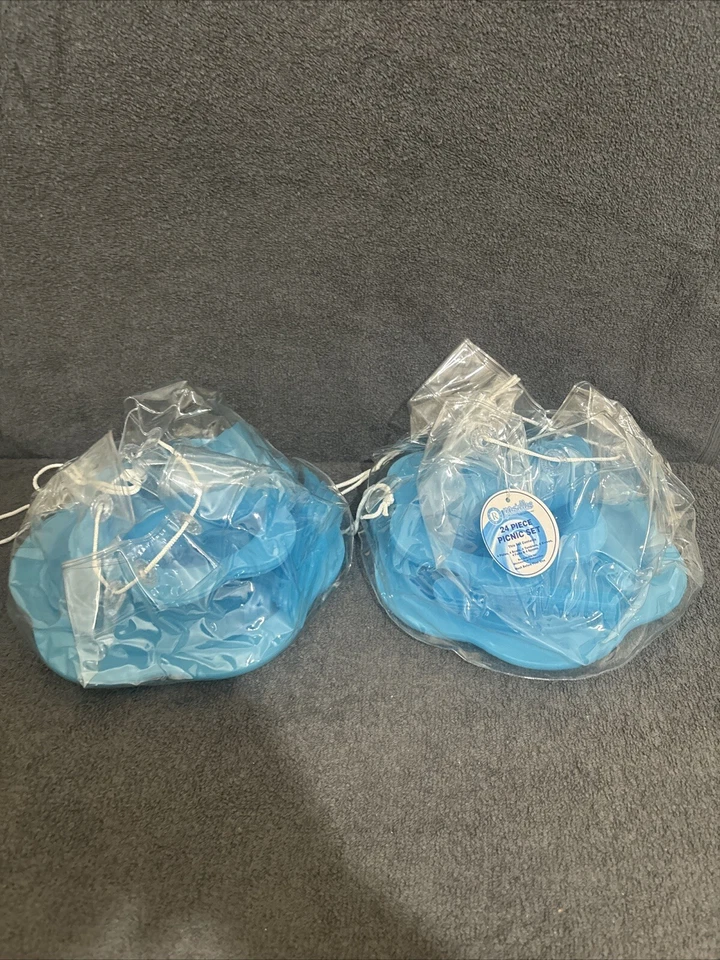 2 x 24 Piece Blue Plastic Picnic Set's Knives Forks Spoons Cups Plates unused - Image 1 of 4