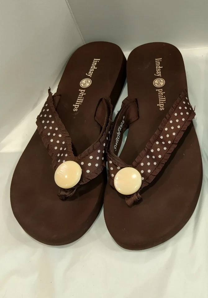 Chanclas LINDSAY PHILLIPS Marrón SWITCHFLOPS Blanco Lunares Volantes Correa Talla 7 Foto 1 de 4